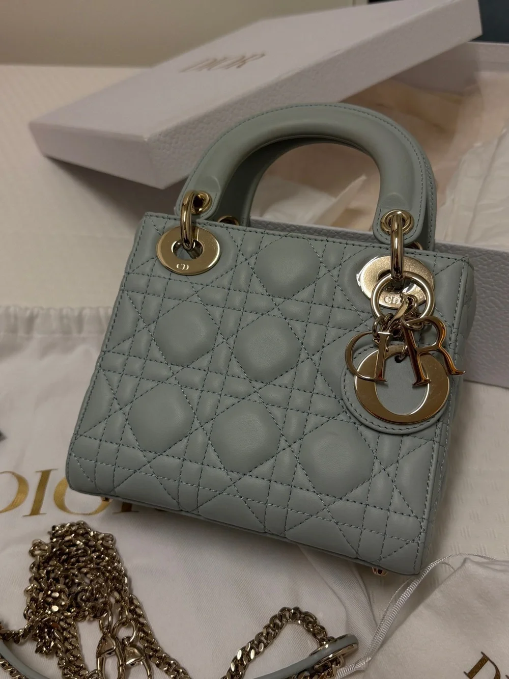 Dior Mini Lady Dior Top Handle Bag in Pale Slate Gray with Gold Hardware - Picture 2 of 10